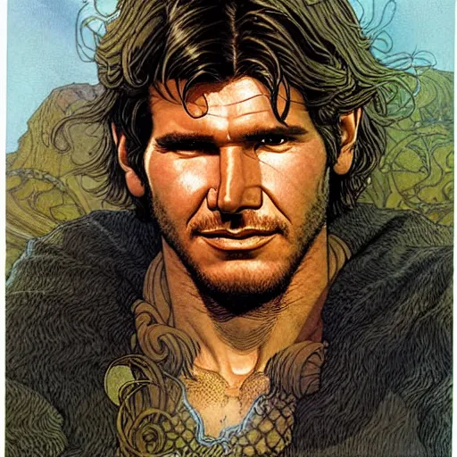 Image similar to a realistic, very beautiful and atmospheric portrait of young harrison ford as a druidic warrior wizard looking at the camera with an intelligent gaze by rebecca guay, michael kaluta, charles vess and jean moebius giraud