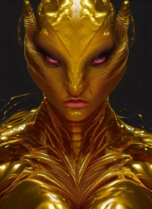 Image similar to female gold venom, naturel, hyper detailed, digital art, trending in artstation, cinematic lighting, studio quality, smooth render, unreal engine 5 rendered, octane rendered, art style by klimt and nixeu and ian sprigger and wlop and krenz cushart