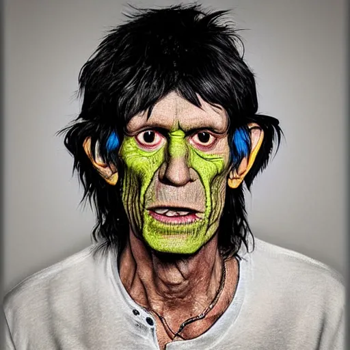 Image similar to Murdoc is based on Keith Richards of The Rolling Stones.sickly green colored skin, and yellow colored eyes, with a red pupil in his right eye. He also has a misshapen nose and sharp yellow teeth and a large grin. He has a black mop top that covers a portion of his face and hides his eyebrows, wearing a grey or black sweater and grey or blue jeans with cuban heel boots and an inverted cross necklace. He sometimes wears a purple and red cape