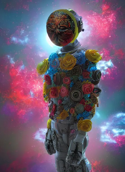 Prompt: An epic fantastic realism comic book style painting of the most beautiful flowers launched into space, bouquets, Shamanic Mask, fisheye lens, unreal 5, DAZ, hyperrealistic, octane render, dynamic lighting