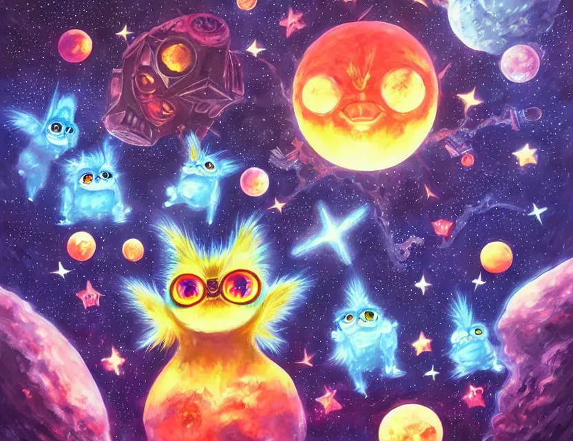 Prompt: interdimensional furby ruling over celestial bodies. this gouache painting by the award - winning mangaka has dramatic lighting, an interesting color scheme and intricate details.