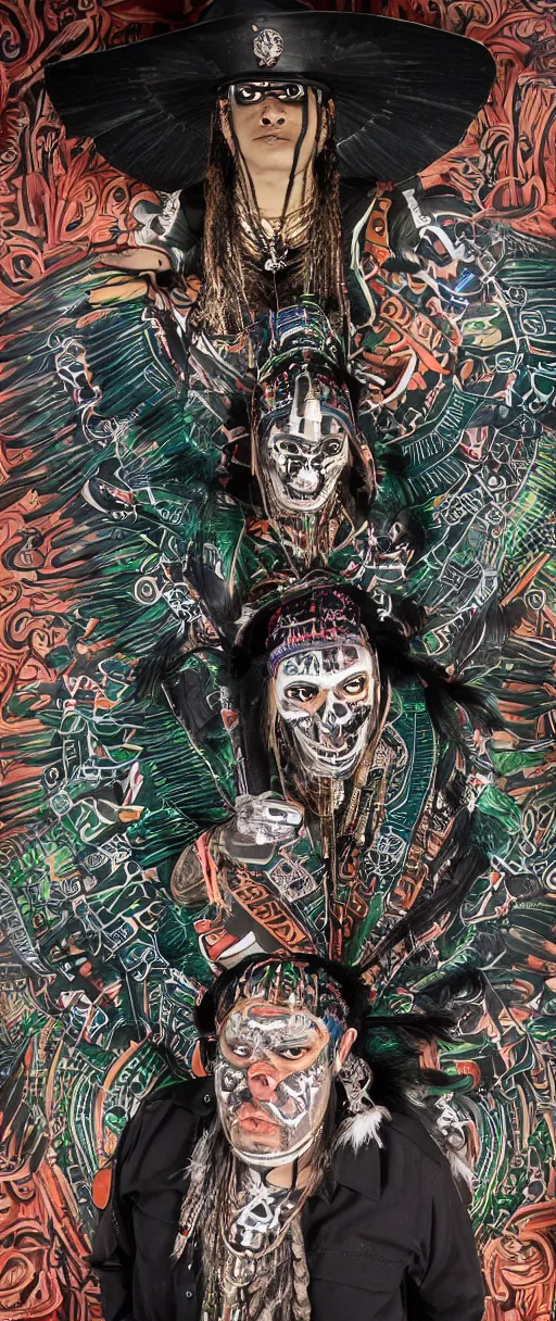 Image similar to photoperiodism portrait of an indigenous cholo goth mechanoid shaman dressed with a quetzalcoatl feathered serpent dancing over the ceiling of a lowrider police patrol in brooklyn