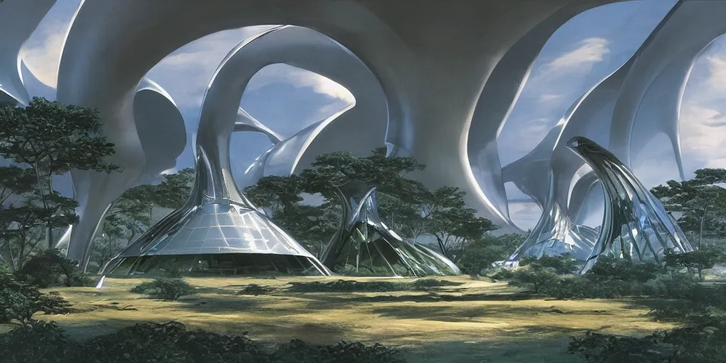 Prompt: a twirly futuristic architecture made of chrome right in the middle of a huge crater in a tropical forest, ralph maquarrie and syd mead cinematic matte painting, 4 k