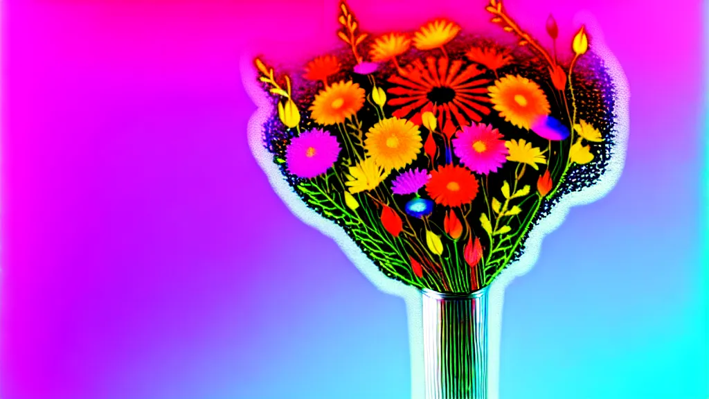 Image similar to bouquet of flowers risograph holographic chrome neon streaks 4k sharpening photorealism gothic rule of thirds composition dramatic lighting