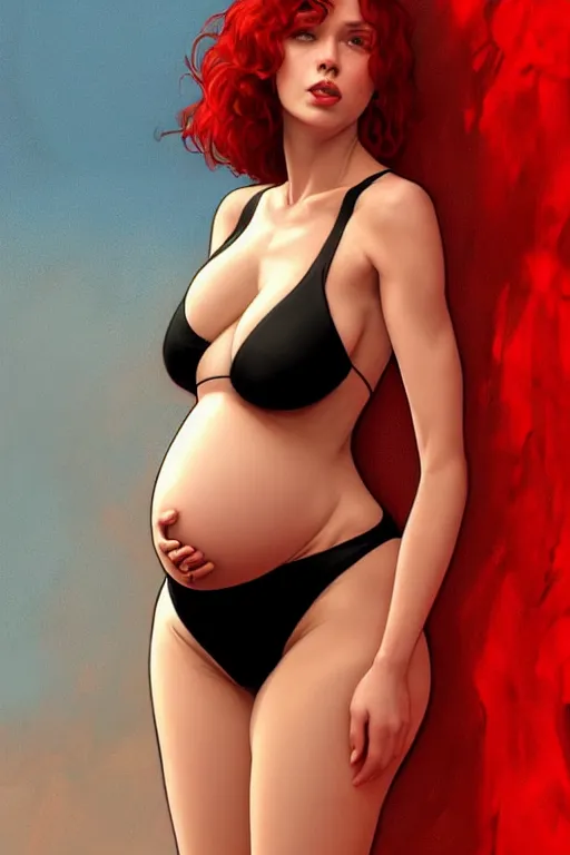 Image similar to pregnant black widow in a red and black bikini, realistic portrait, symmetrical, highly detailed, digital painting, artstation, concept art, smooth, sharp focus, illustration, cinematic lighting, art by artgerm and greg rutkowski and alphonse mucha