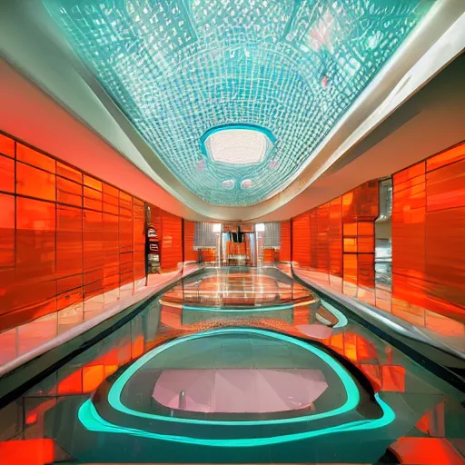 Image similar to futuristic hotel lobby, hyper detailed, digital art, trending in artstation, cinematic lighting, teal and orange