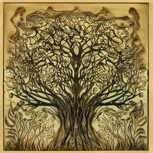 Prompt: mystic forest by ernst haeckel, very beautiful! pyrography