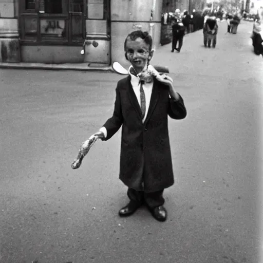 Prompt: a real photo by saul leiter of a small anthropomorphic dinosaur wearing a suit and standing in paris while holding a baguette, by helen levitt
