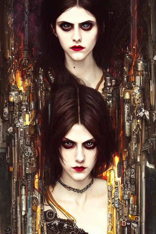 Image similar to portrait of beautiful gothic Alexandra Daddario, cyberpunk, Warhammer, highly detailed, artstation, illustration, art by Gustav Klimt