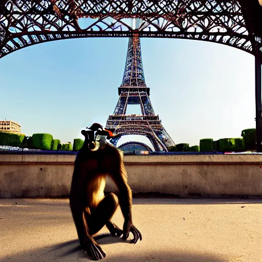 Image similar to high quality portrait of a monkey in front of eiffel tower, studio photograph, photograph, realistic photo, 8k photo, 4k photo, stock photo, high resolution, cinematic shot, high detail