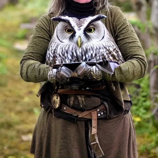 Prompt: photo of a woman with in owl armour