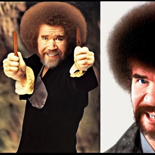 Image similar to bob ross was kung fu fighting, as fast as lightening, and screaming