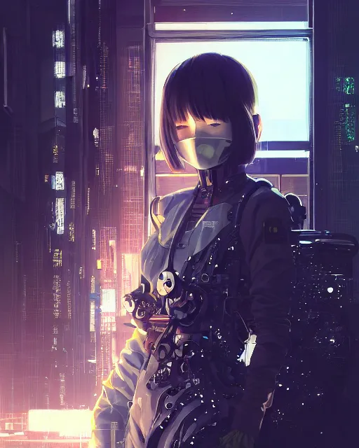 Prompt: kyoto animation, cool girl wearing cyberpunk intricate jumpsuit, respirator, detailed portrait, cell shaded, 4 k, concept art, by wlop, ilya kuvshinov, artgerm, krenz cushart, greg rutkowski, pixiv. cinematic dramatic atmosphere, sharp focus, volumetric lighting, cinematic lighting, studio quality