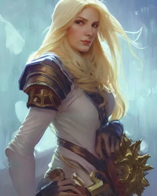 Image similar to '' Portrait of Beautiful blonde Slavic woman, league of legends, LOL, fantasy, d&d, digital painting, artstation, concept art, sharp focus, illustration, art by greg rutkowski and alphonse mucha ''