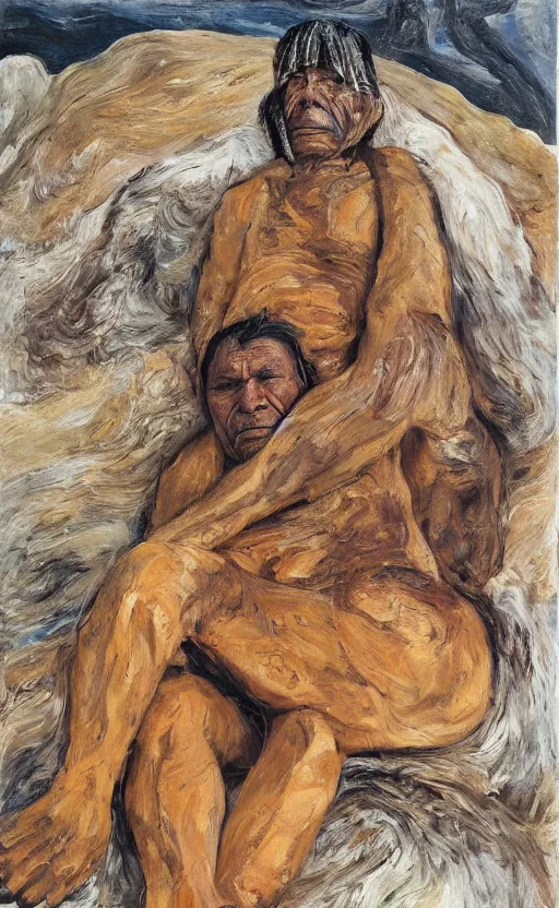 Image similar to full body shot picture of indigenous people leader leaning on a bear, painted by lucian freud, hd, super detailed, realistic, muted colors