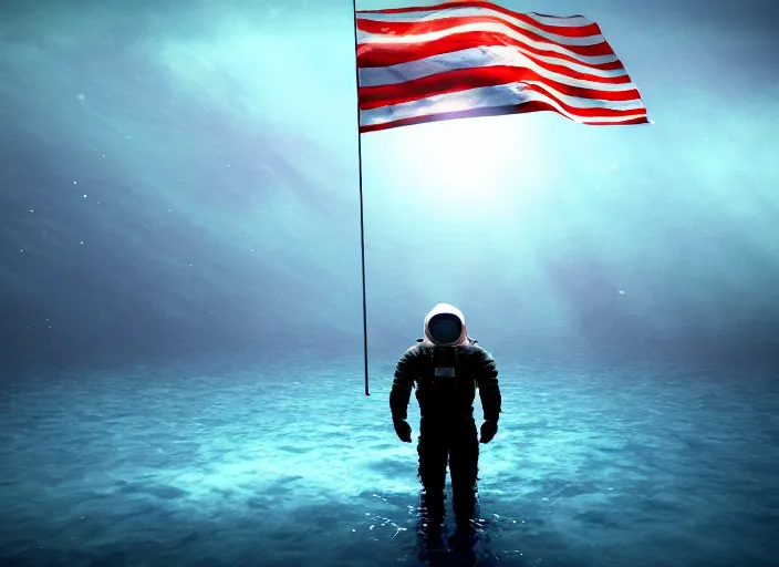 Image similar to astronaut holding a flag in an underwater desert. a submarine is visible in the distance. dark, concept art, cinematic, dramatic, atmospheric, 8 k, trending on artstation, blue, fish, low visibility, light rays, extremely coherent, bubbles, fog, ocean floor, christopher nolan, interstellar, finding nemo