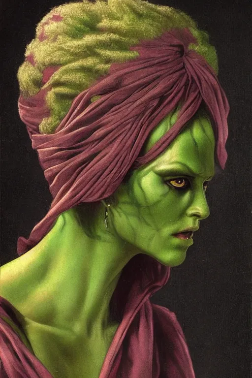 Image similar to Baroque painting of Gamora, inspired by Gustav Moreau and Wayne Barlowe, exquisite detail, hyper realism, ornate, exquisite detail, cute face