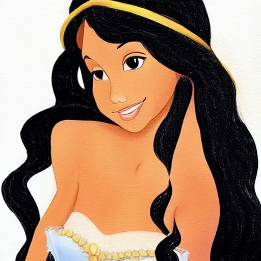Image similar to a beautiful woman with long black hair, brown eyes, tanned skin as a disney princess. painting.