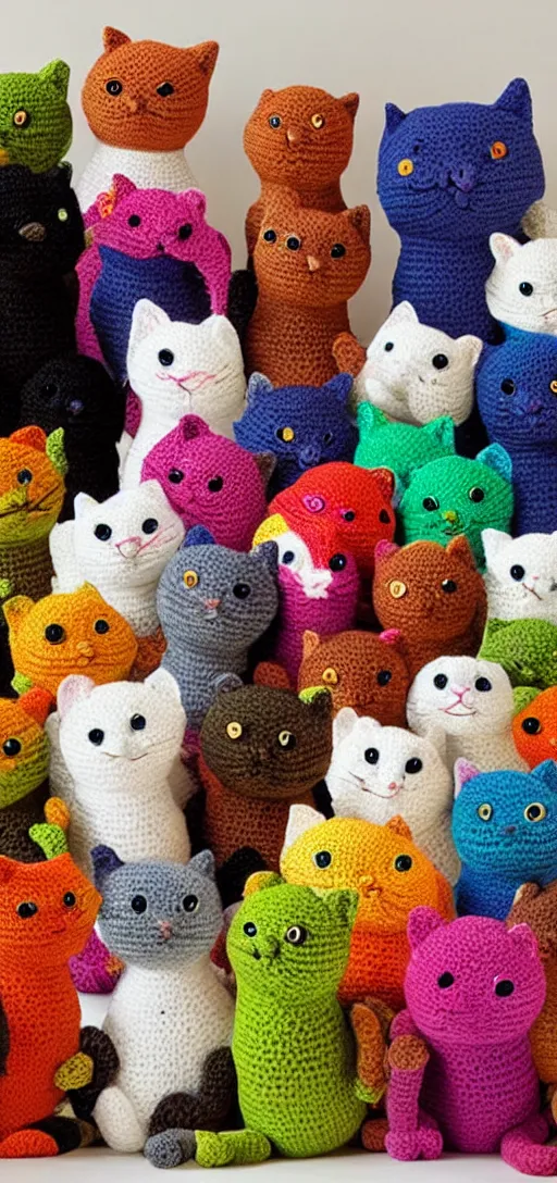 Image similar to multicolored crocheted cats, 2 0 1 0 s catalogue photo,