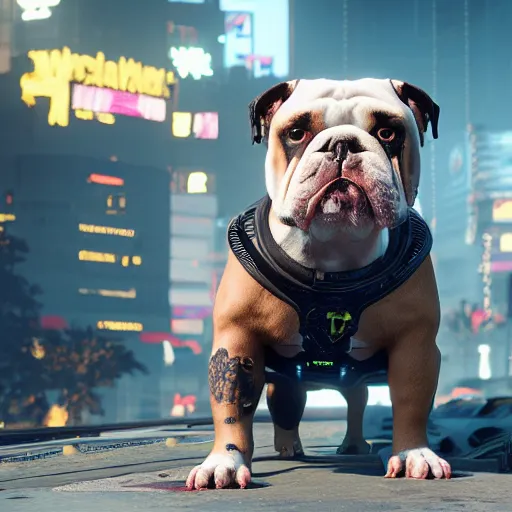 Image similar to english bulldog with augmentations cyberpunk 2 0 7 7