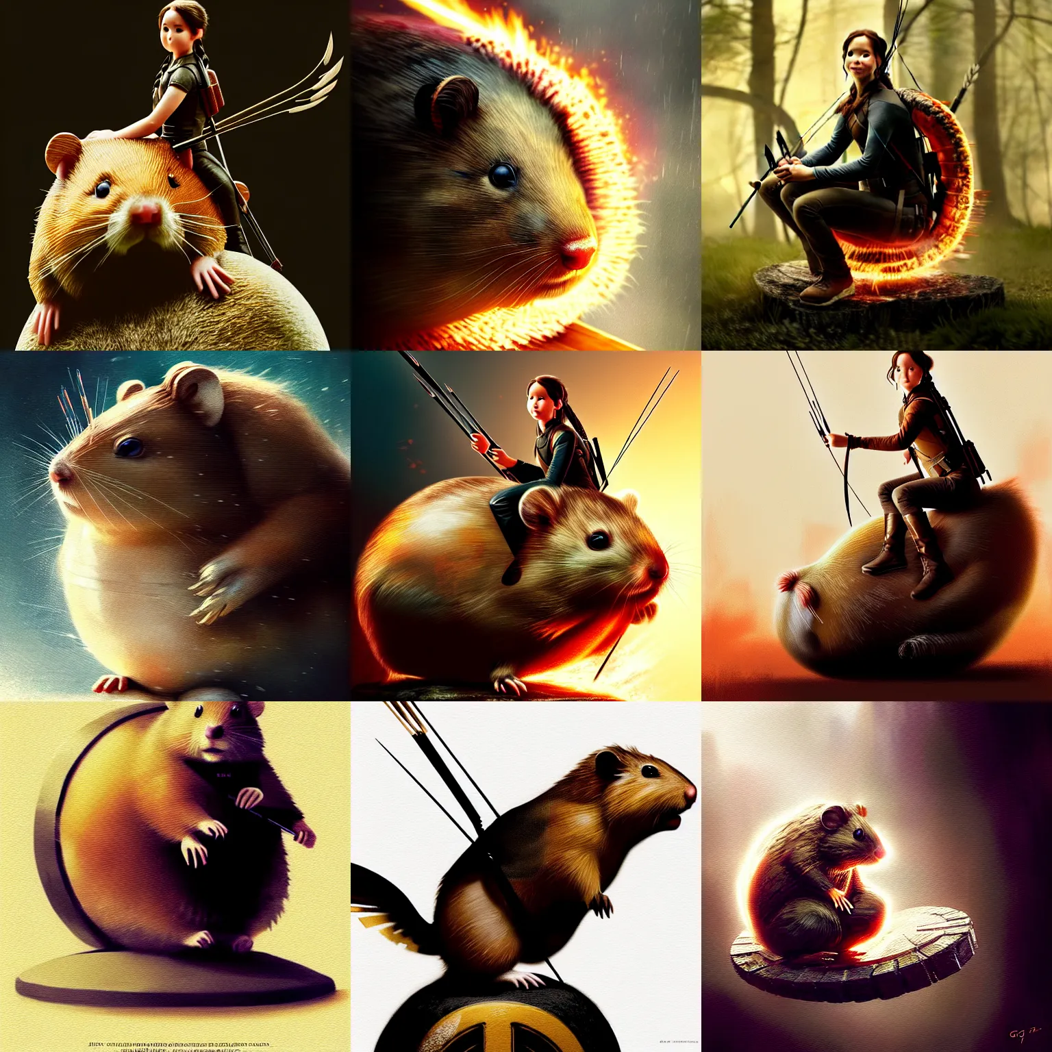 Prompt: katniss everdeen sits on a giant hamster, digital art by greg rutkowski, but as macro!!!!! photography