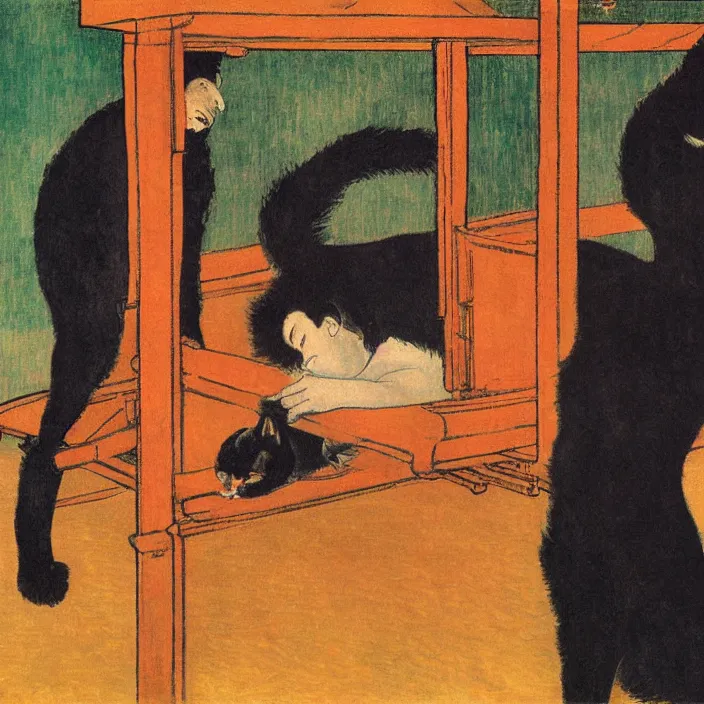 Image similar to couple under a baldachin. iridescent colors, fuzzy black cat. henri de toulouse - lautrec, utamaro, matisse, rene magritte