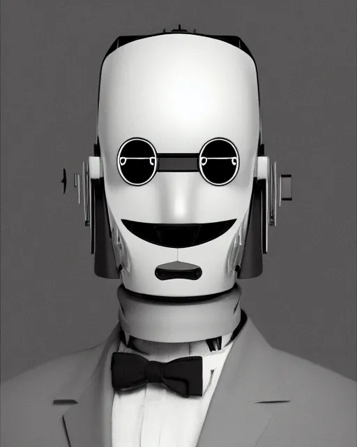 Image similar to portraits of a anthropomorphic-robot cyber-face techno mask in black tie suit by Eddie Mendoza retro photo by Louis Daguerre