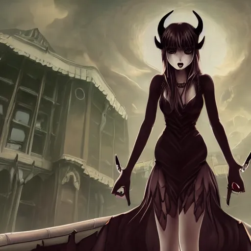 Prompt: gloomy demon girl with demon horns in a pretty mid-length black dress with a katana in front of a dystopian purle colored city, beautiful high detail photo