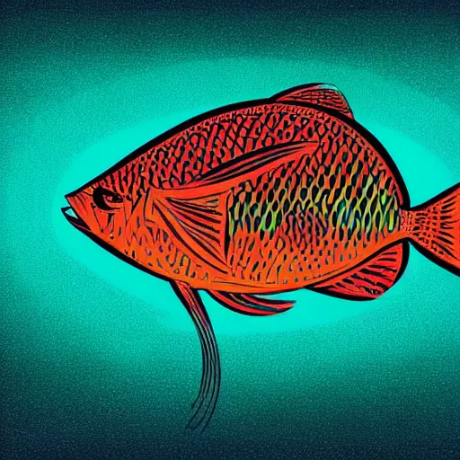 Image similar to one stylized fish with saturated colors viewed in profile in the dark ocean filled with complex sparkles and patterns, artstation, intricate, realistic, highly detailed, digital painting, concept art, sharp focus, illustration by tom whalen and charles williams and kilian eng and james jean