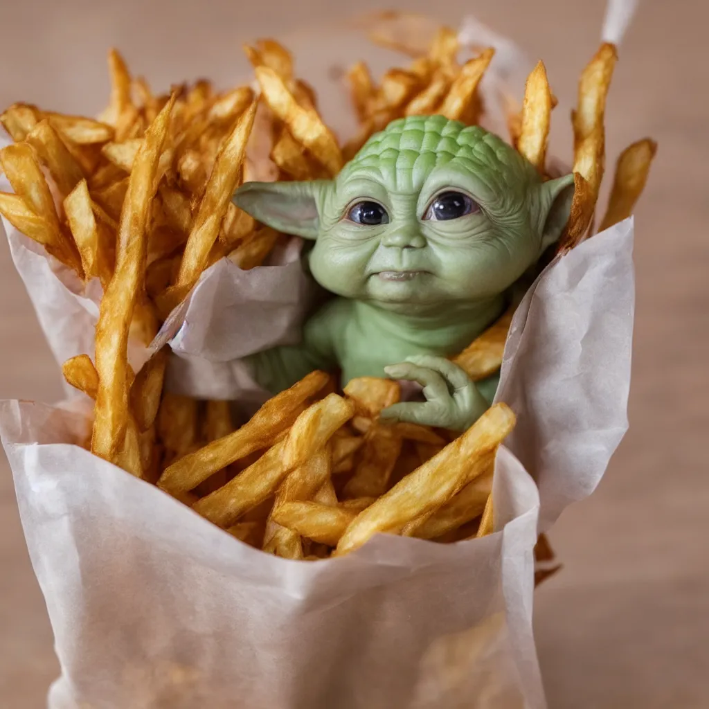Image similar to baby yoda inside a bag of french fries