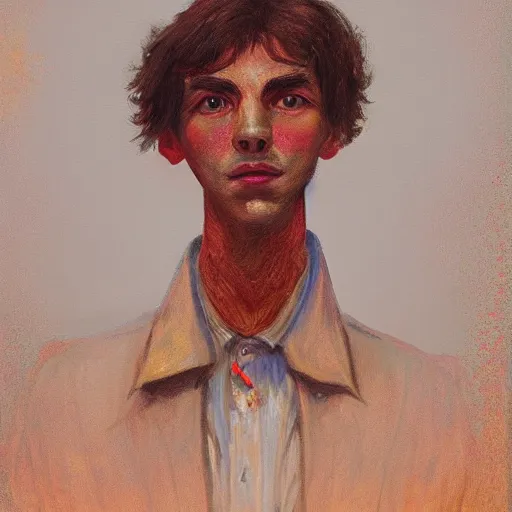 Image similar to portrait of a young disillusioned young man, by louis wain and simon stalenhag, trending on artstation