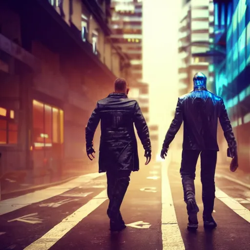 Image similar to cyberpunk men holding a cool watch walking in the middle of a cyberpunk street the background is a cyber street the weather is rainy and foggy photo - realistic