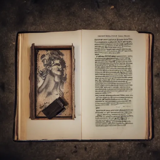 Image similar to a medium shot of a book sitting on a crowed desk, the book is closed, the cover is illustrated with a picture of icarus, beside the book is an ancient scroll, dark, single light, vignette, magic, fantasy, 4 k