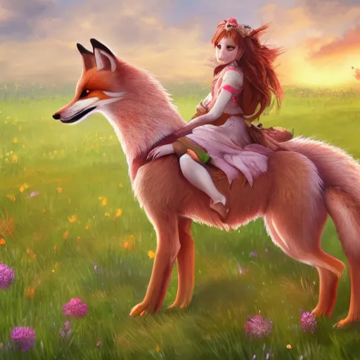 Image similar to girl riding a giant fox in a field of flowers, trending on artstation