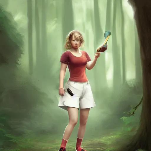 Image similar to a portrait of jennifer lawrence as a pokemon trainer, in a dark forest, extremely detailed digital art, trending on artstation hyper realistic matte painting, by wlop, art germ