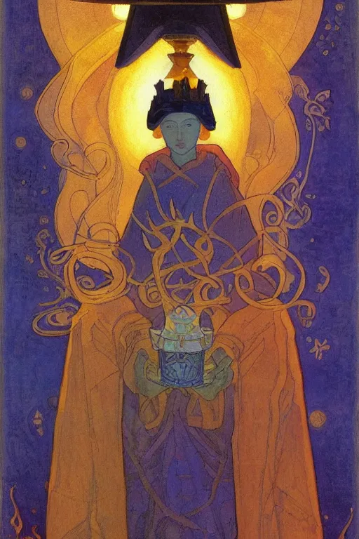 Image similar to child of darkness with their crown and lantern, by Nicholas Roerich and Annie Swynnerton and and Ivan Bilibin, dramatic cinematic lighting , ornate headdress , flowing robes, sacred artifacts, lost civilizations, smooth, sharp focus, extremely detailed