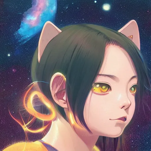 Image similar to A space realistic cat with big and cute eyes, || VERY ANIME, fine-face, realistic shaded perfect face, fine details. Anime. realistic shaded lighting poster by Ilya Kuvshinov katsuhiro otomo ghost-in-the-shell, magali villeneuve, artgerm, Jeremy Lipkin and Michael Garmash, Rob Rey and Kentarõ Miura style, trending on art station