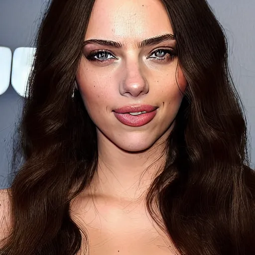 Image similar to a woman who is a genetic combination of kim kardashian and kat dennings and scarlett johansson and margot robbie and emma watson, face and upper - body focus, detailed eyes