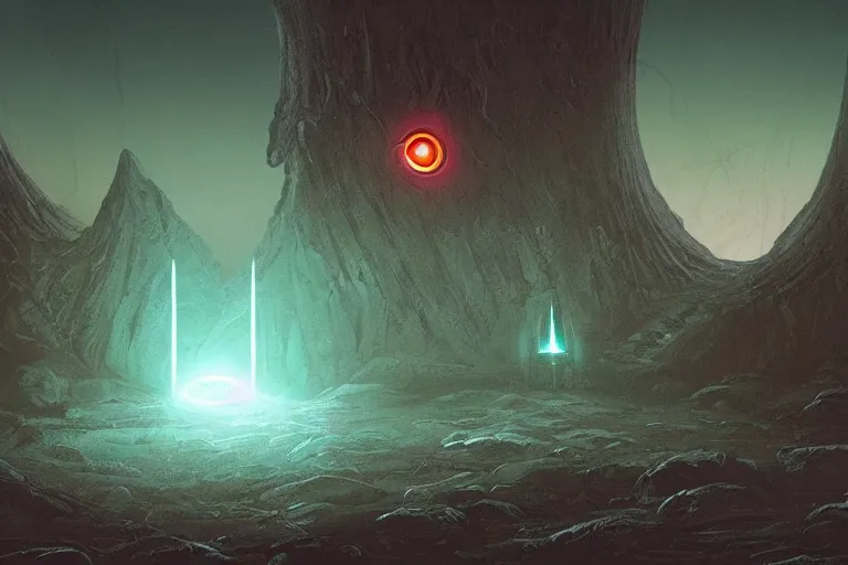 Image similar to a single distant fleshy glowing portal opens up in an otherwise dark and desolate landscape : retro, sci - fi, concept art