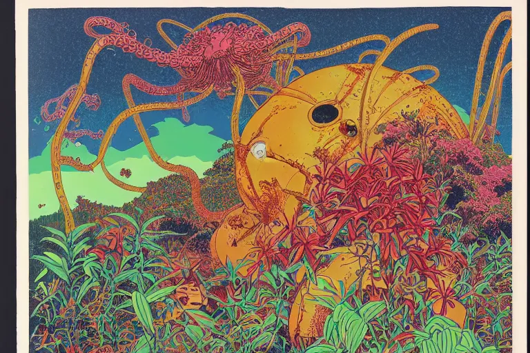 Image similar to risograph grainy drawing vintage sci - fi, satoshi kon color palette, gigantic gundam full - body covered with iridescent worms and plants 1 9 6 0, kodak, with lot tentacles and exotic flowers, natural colors, codex seraphinianus painting by moebius and satoshi kon and dirk dzimirsky