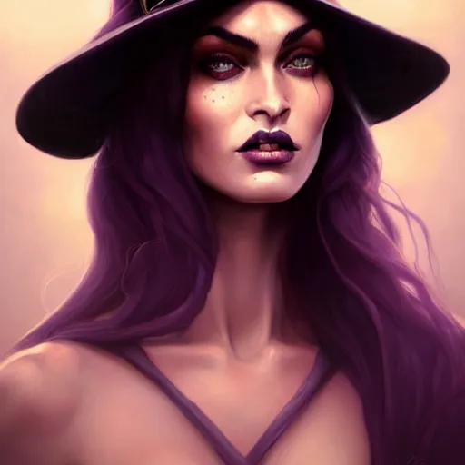 Image similar to an insanely detailed portrait of a beautiful witch that looks like megan fox with long dark purple hair, wearing black witch hat, beautiful expressive detailed eyes, in the style of peter mohrbacher, artgerm, dramatic lighting and composition, octane render, trending on artstation, concept art