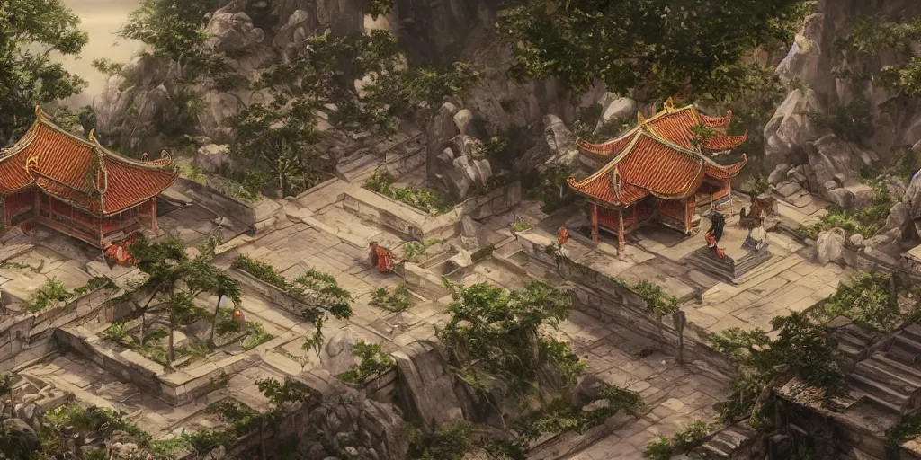 Image similar to vietnamese temple scene, side scroller, 2 d game art background, sharp, detailed, intricate, game level design, cinematic lighting, ultrarealistic, photorealistic, trending on artstation, in the style of yoji shinkawa and greg rutkowski and federico pelat and wlop and karol bak and bouguereau and santiago caruso