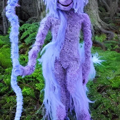 Prompt: ethereal ghostly live action muppet wraith like figure with a fern head with two very long tentacles for arms that flow gracefully at its sides with a long fuzzy snake tail for legs, it stalks around the frozen tundra searching for lost souls and that hide in the shadows in the trees, this character uses hydrokinesis and electrokinesis, it is a real muppet by sesame street, photo realistic, real, realistic, felt, stopmotion, photography, sesame street