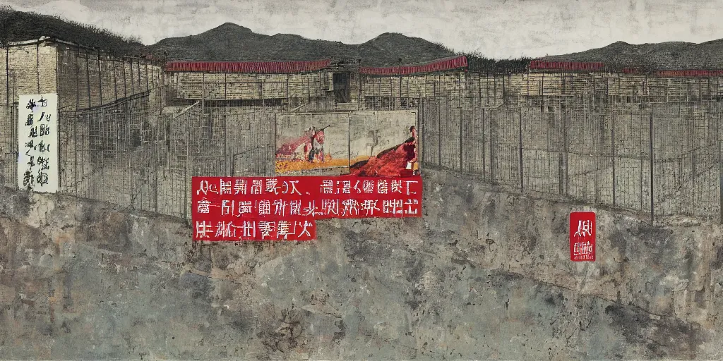 Image similar to a chinese prison near a river by peter doig, overlaid with chinese adverts