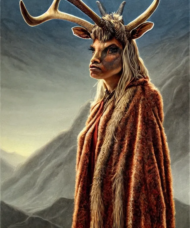 Image similar to a detailed horned antelopewoman stands among the mountains. wearing a ripped mantle, robe. perfect faces, extremely high details, realistic, fantasy art, solo, masterpiece, soft cimematic colors and lighting, art by daniel e. greene, zoey frank, vincent desiderio, hermann nitsch