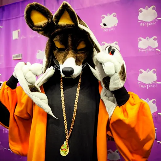 Image similar to snoop dog wearing a fox fursuit at a furry convention, indoor convention vendors