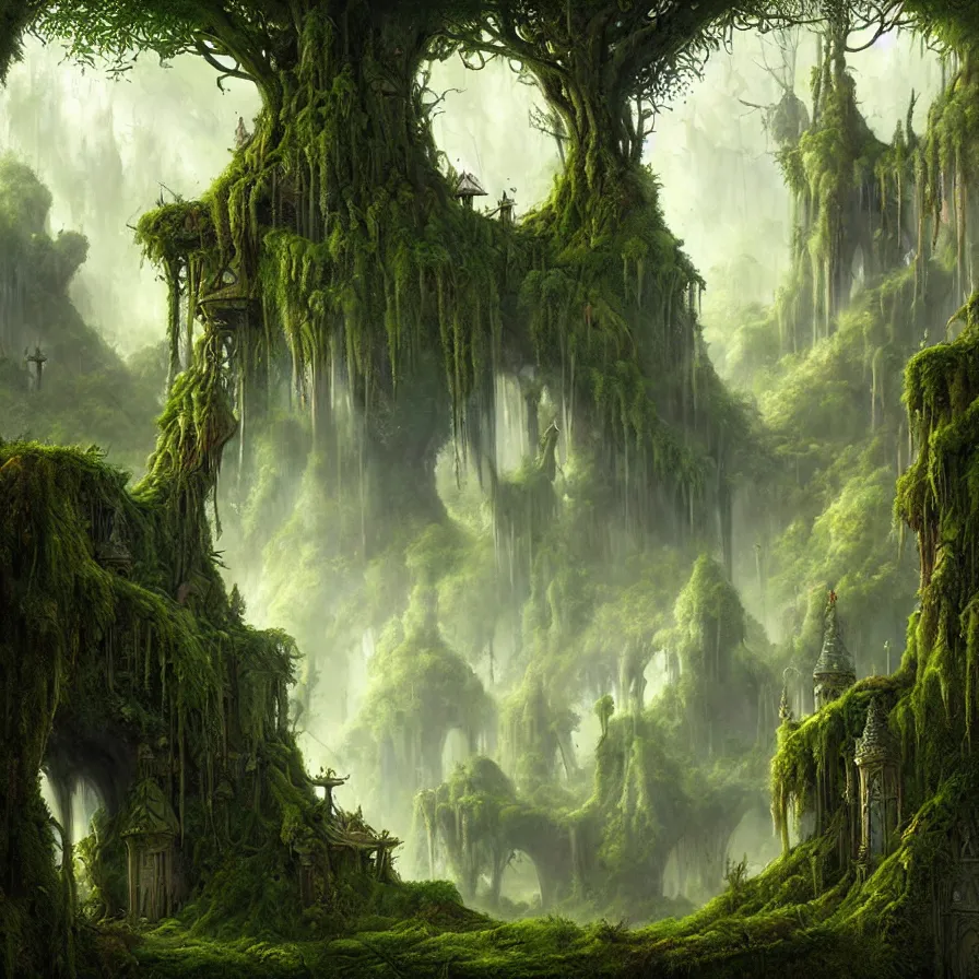 Prompt: fairy palace, castle towers, gnarly trees, lush vegetation, forest landscape, painted by tom bagshaw, raphael lacoste, eddie mendoza, alex ross concept art matte painting