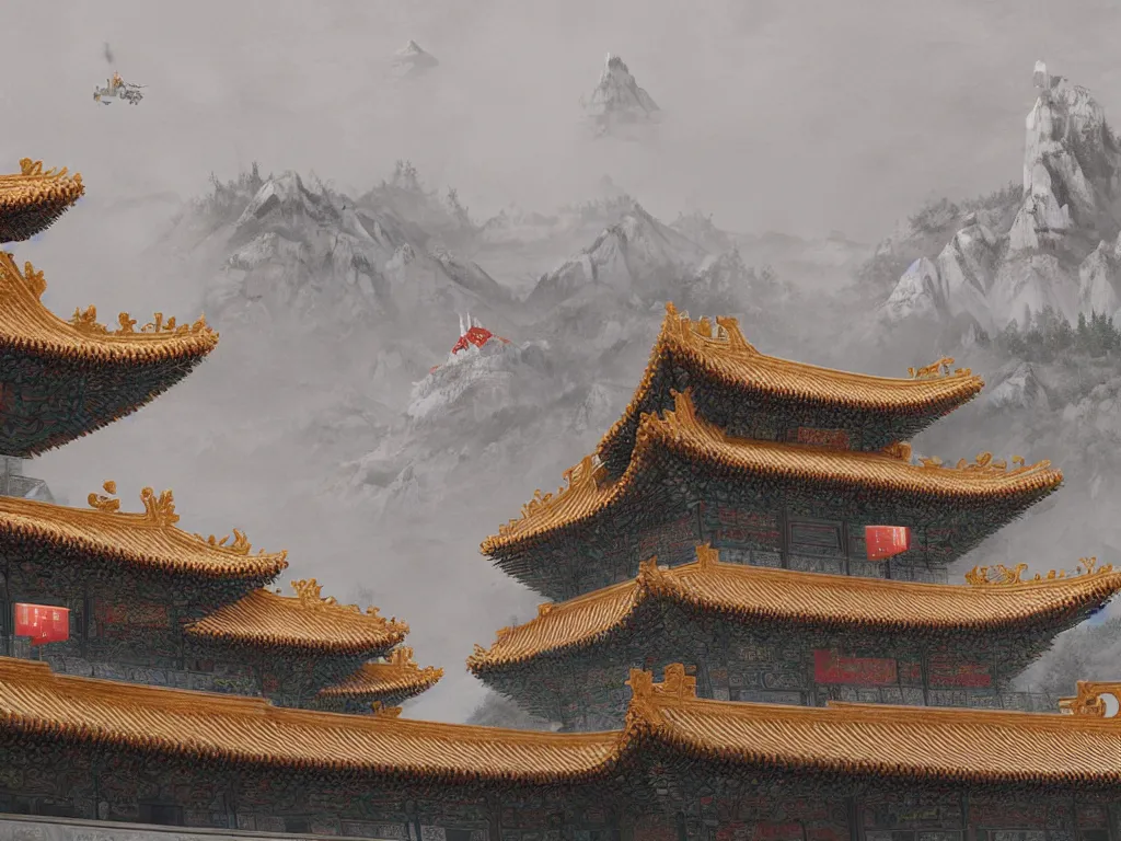 Prompt: the beautiful scene render that forbidden city on the cliff and white dragon hovering over the building ， trend on artstation