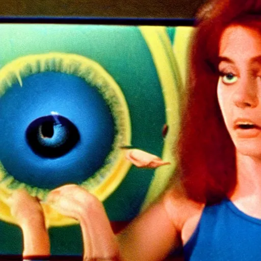 Image similar to still from 1978 live-action children's tv show about a middle-aged woman who enters an eyeball cult color