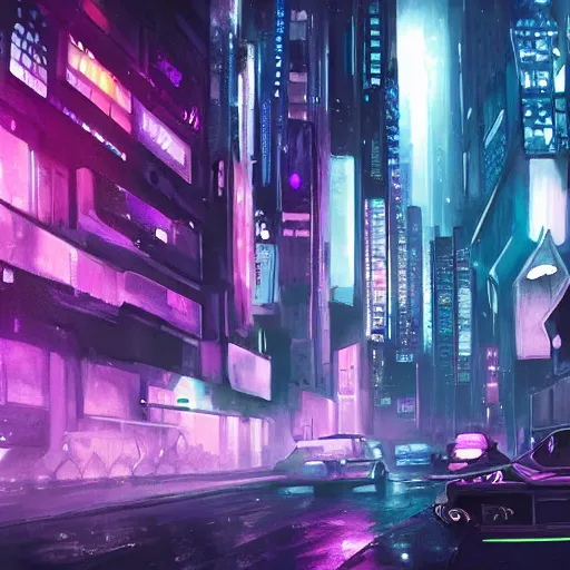 Image similar to blade runner city, high quality, cyberpunk, purple